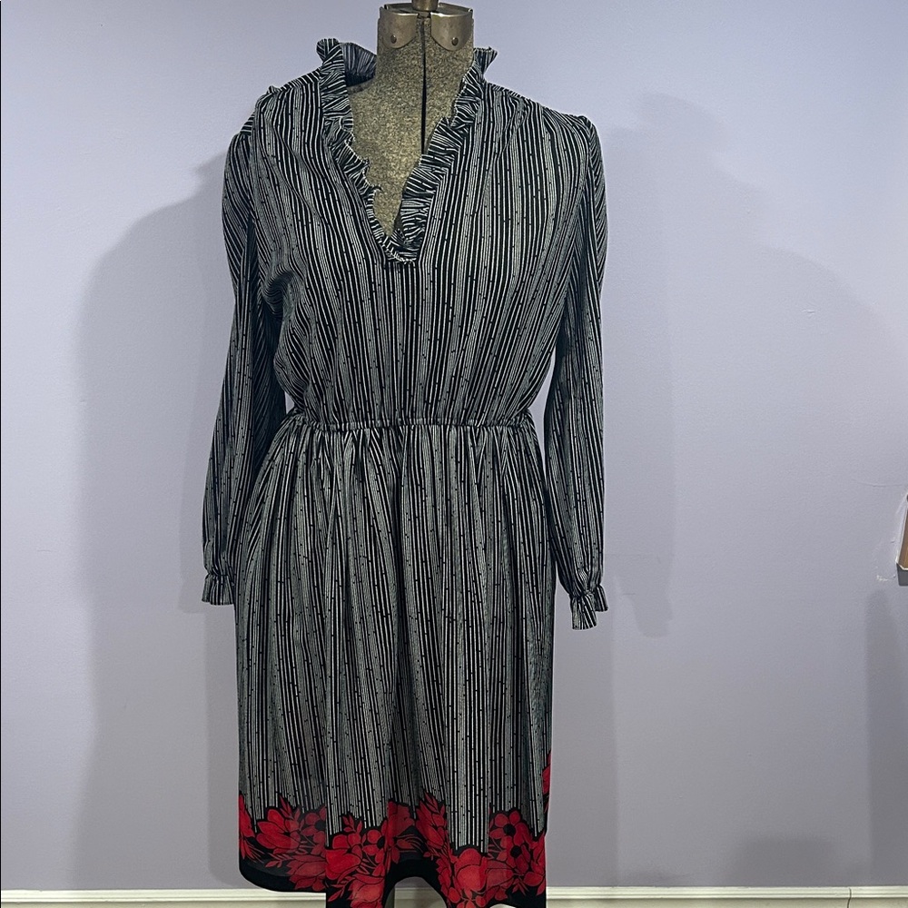 Chic Striped Long Sleeve Dress with Floral Hem